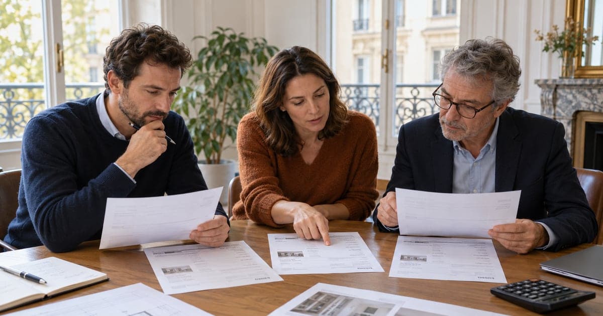 Gestionnaire et membres du conseil syndical comparant des devis autour d’une table