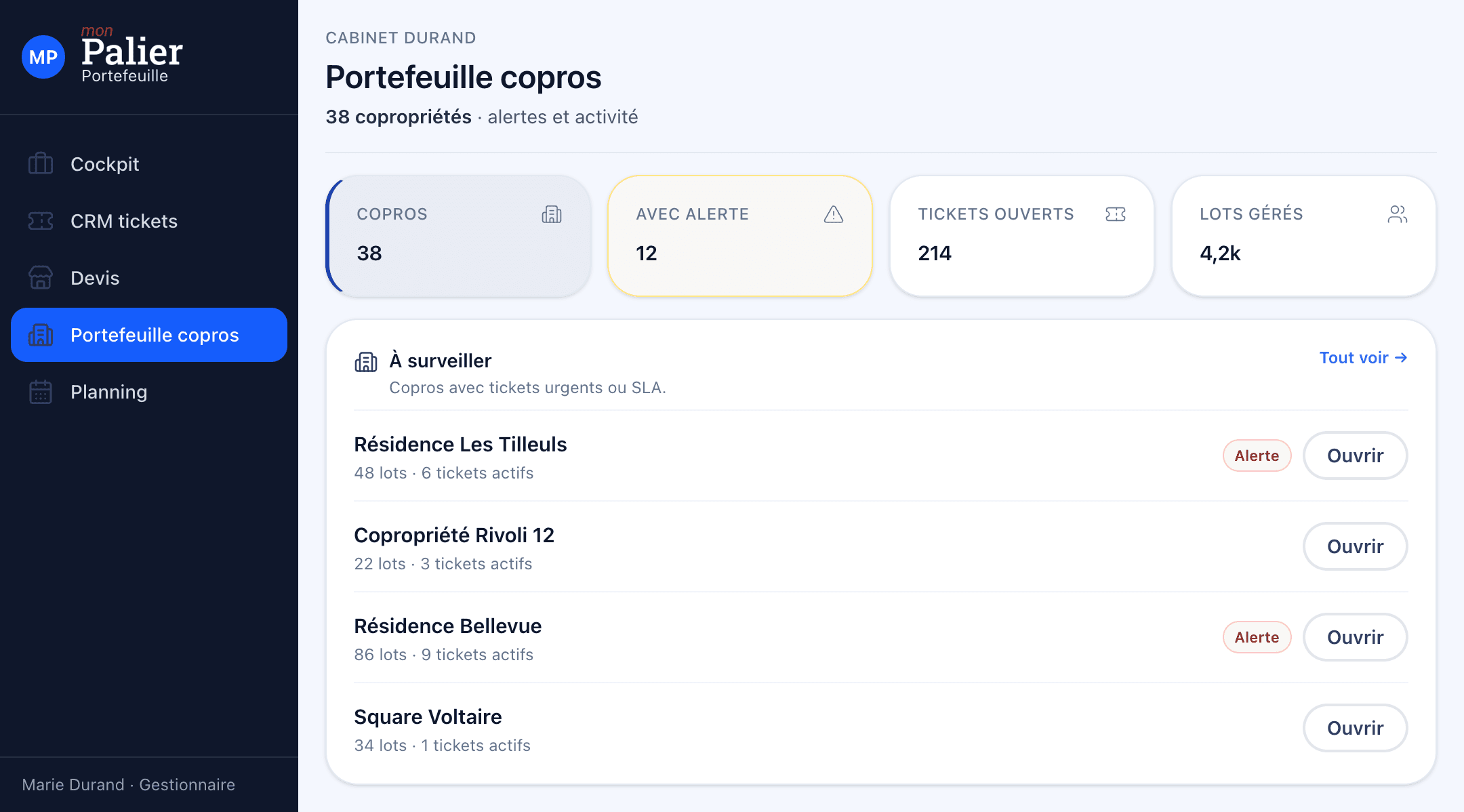 Portefeuille copropriétés Mon Palier — alertes et activité