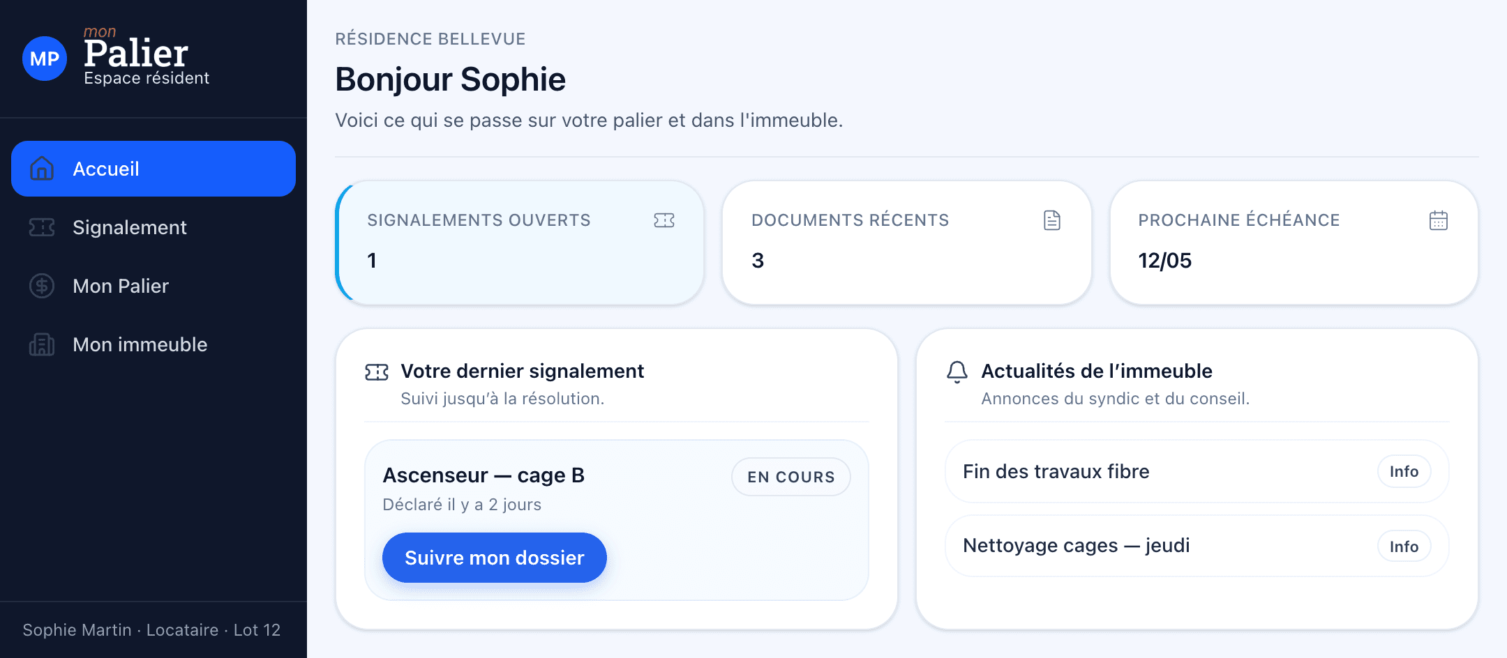 Accueil résident Mon Palier — signalements et actualités