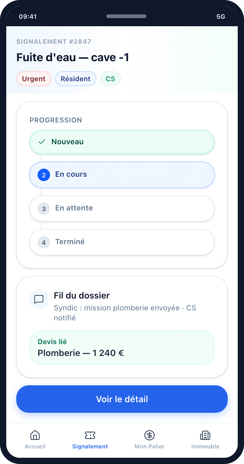 Signalement mobile Mon Palier — suivi du dossier sur téléphone