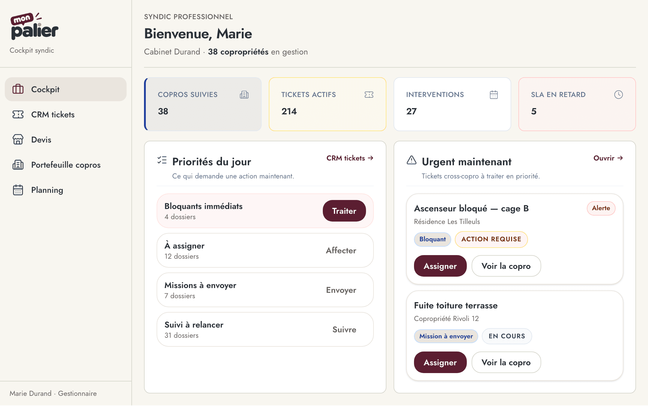 Cockpit syndic Mon Palier — priorités et tickets multi-copropriétés