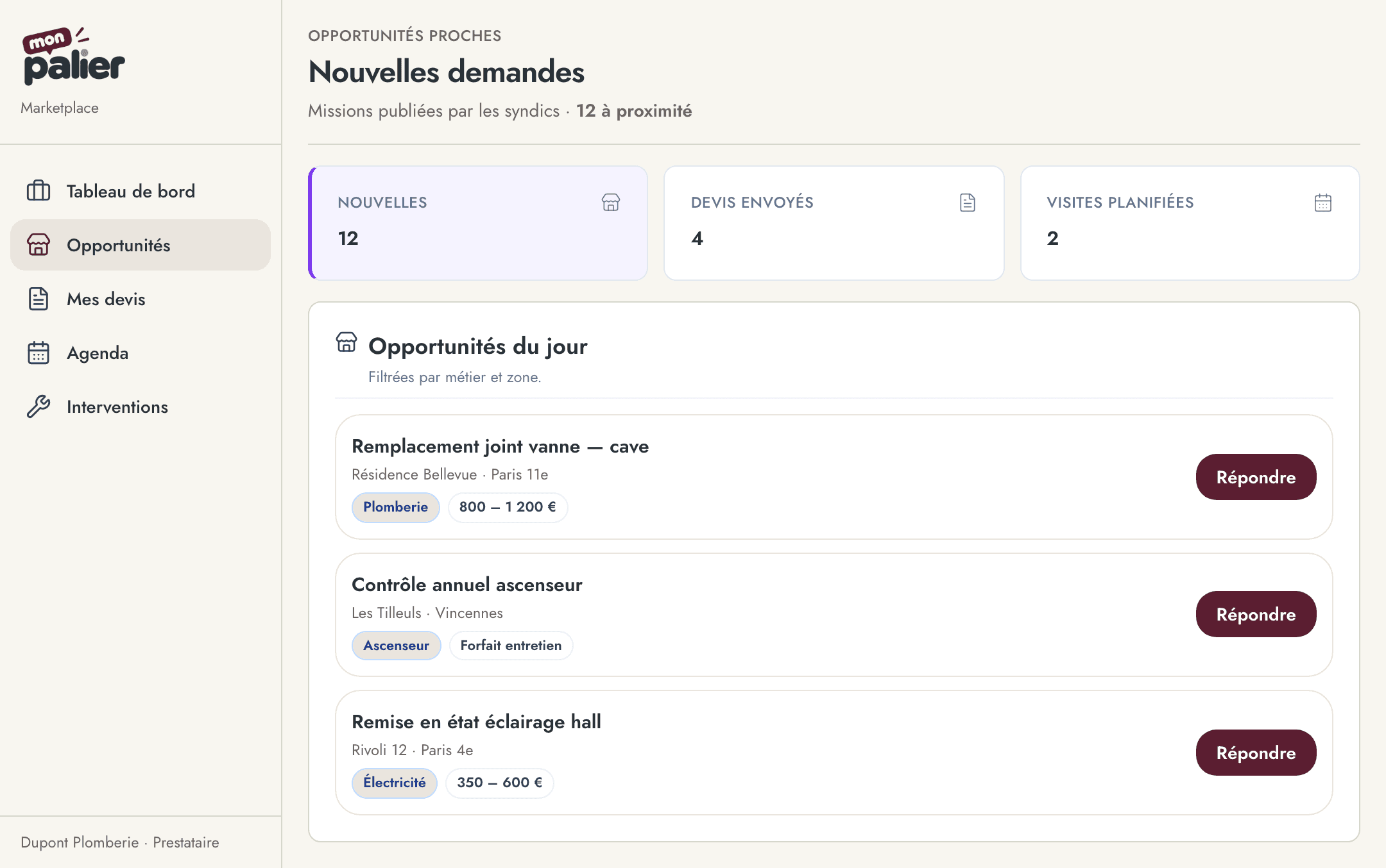 Marketplace prestataires Mon Palier — opportunités de missions