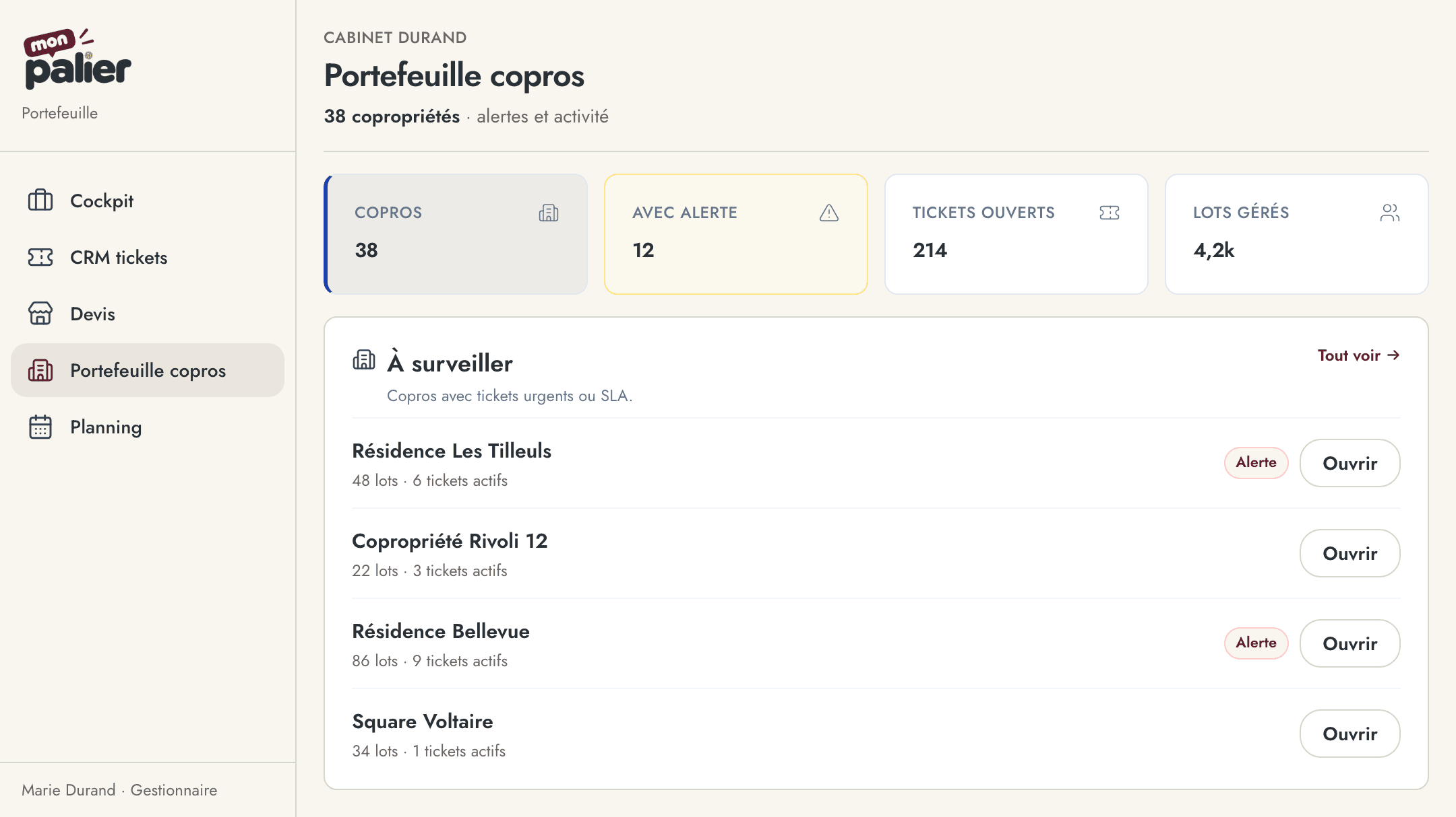 Portefeuille copropriétés Mon Palier — alertes et activité