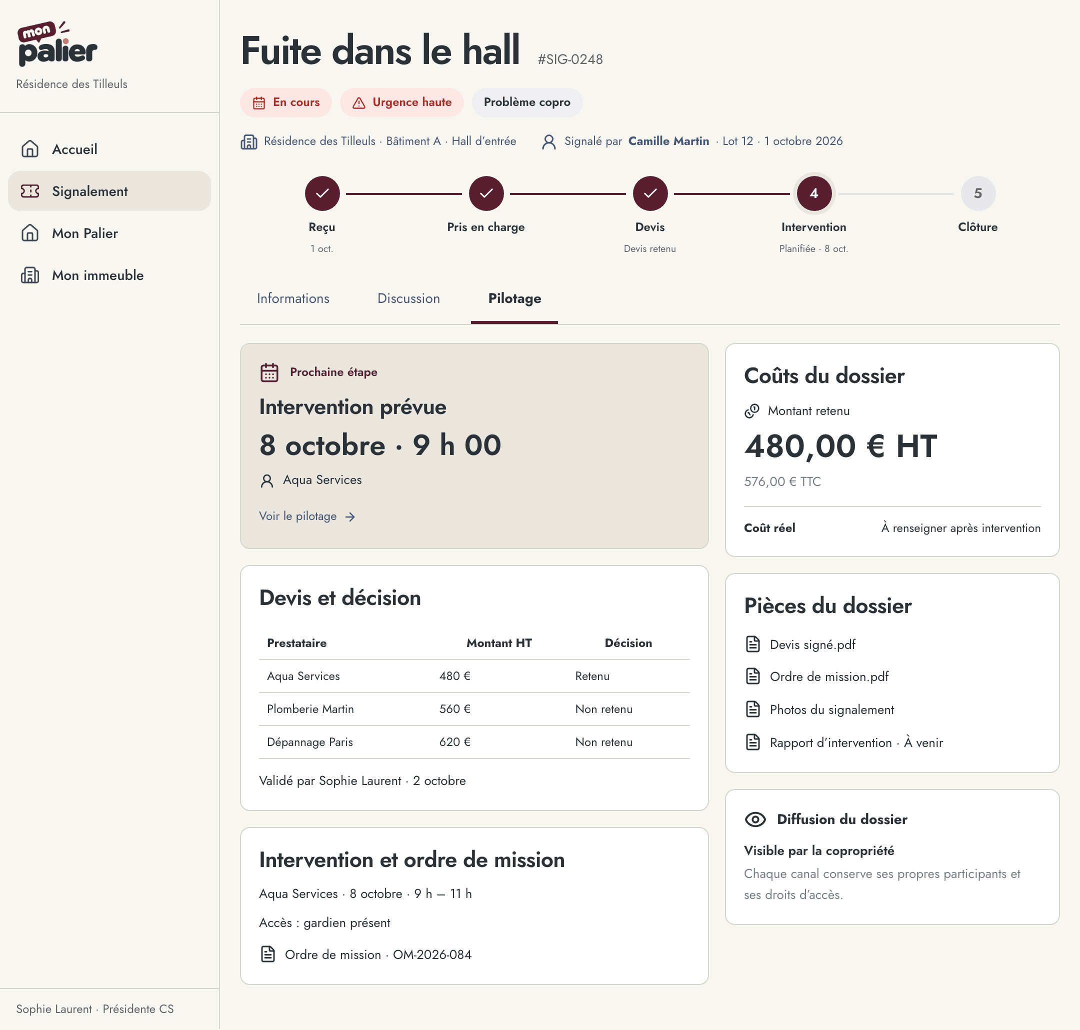 Pilotage Mon Palier : devis retenu, intervention et pièces attendues — exemple fictif