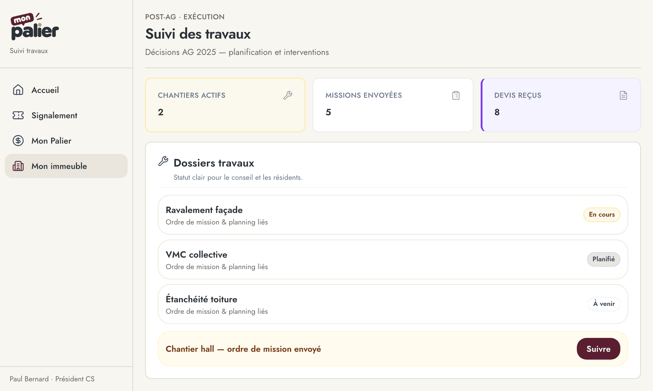 Suivi des travaux Mon Palier — chantiers et missions