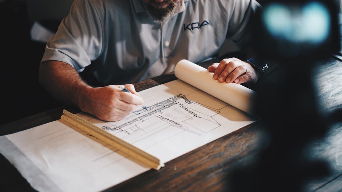 Plans de chantier et casque de sécurité
