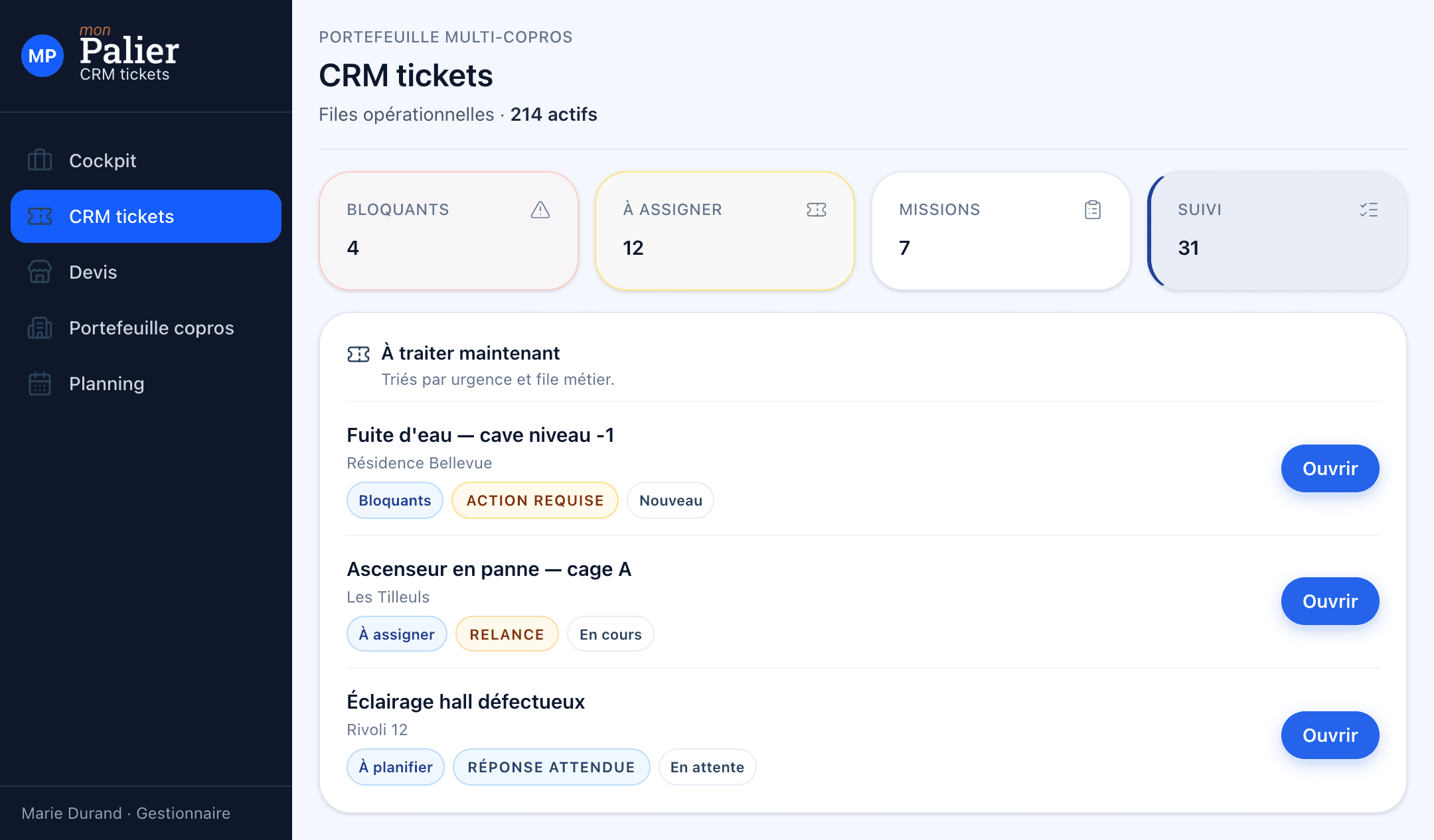 CRM tickets Mon Palier — files opérationnelles et urgences