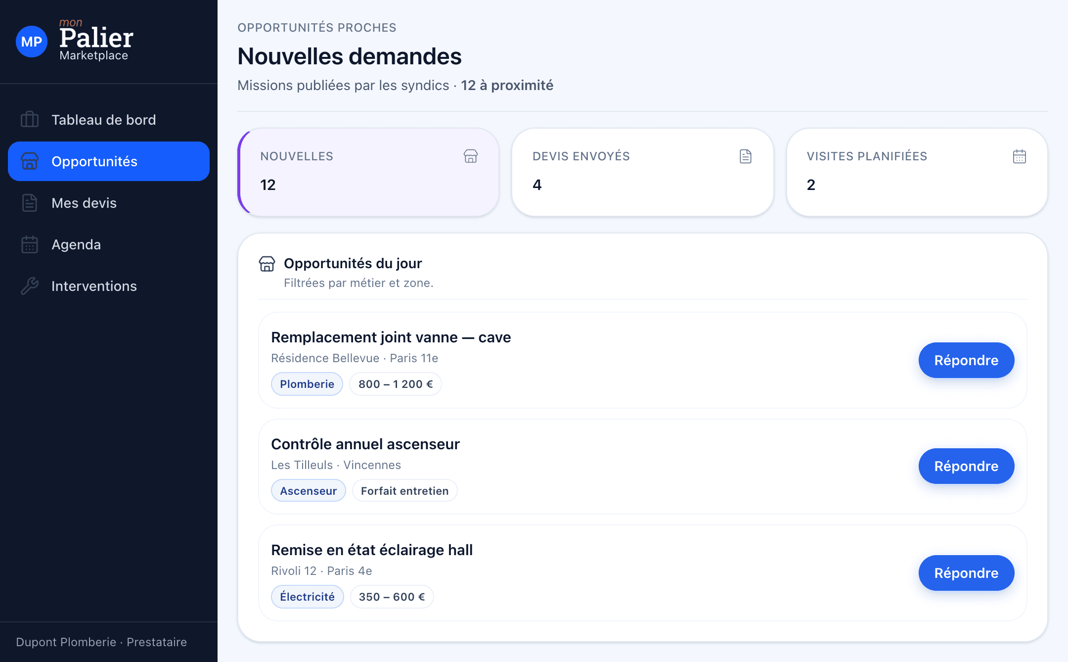 Marketplace prestataires Mon Palier — opportunités de missions