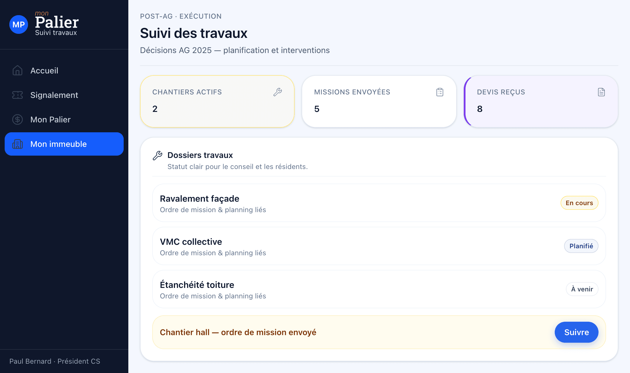 Suivi des travaux Mon Palier — chantiers et missions