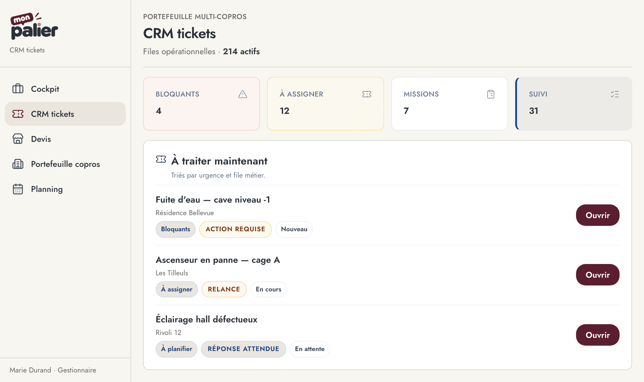 CRM tickets Mon Palier — files opérationnelles et urgences