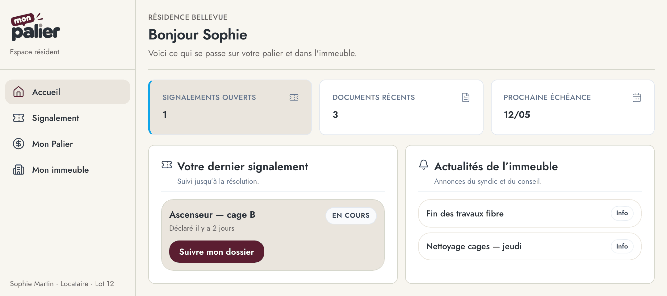 Accueil résident Mon Palier — signalements et actualités