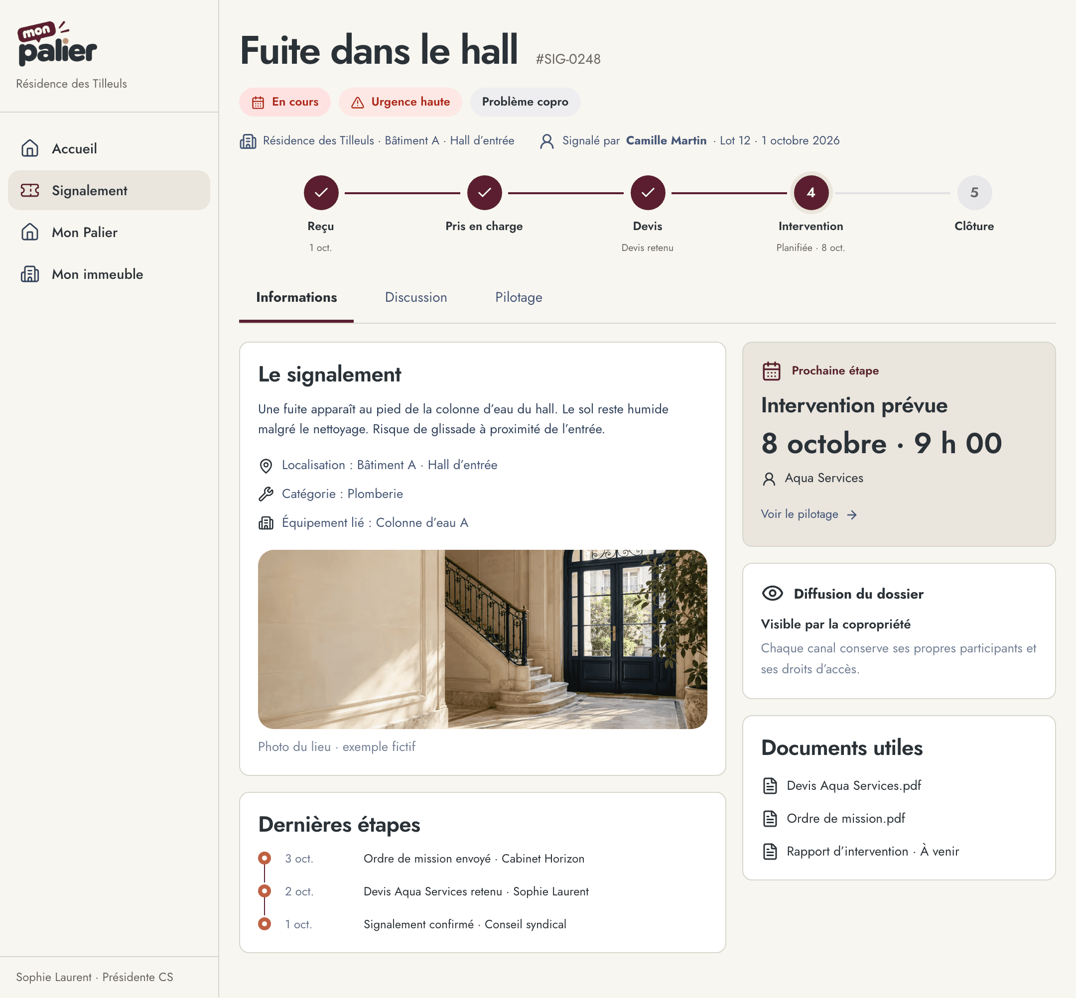 Signalement Mon Palier : fuite dans le hall, informations et prochaine étape — exemple fictif