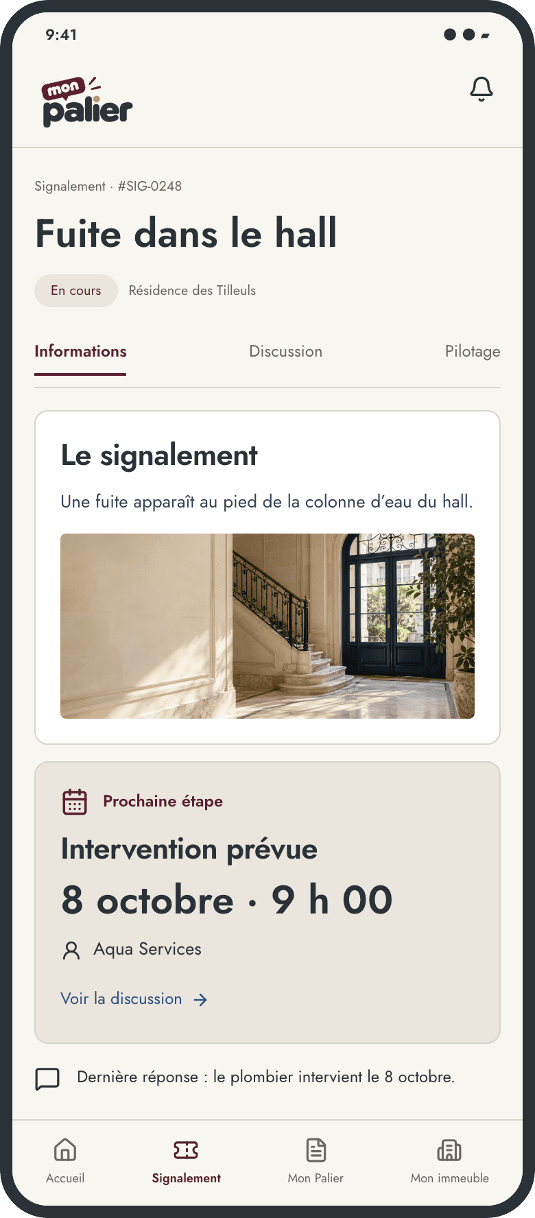 Signalement mobile Mon Palier — suivi du dossier sur téléphone